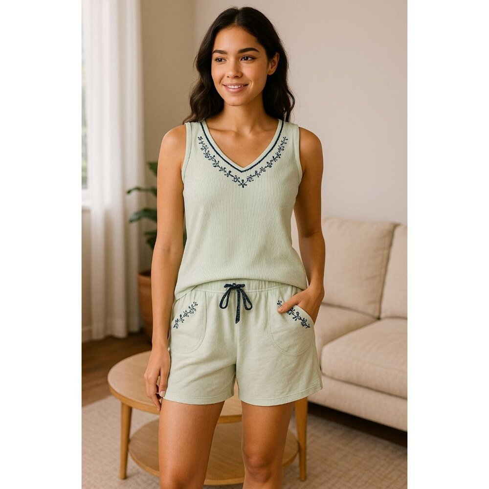 Adonna Lounge Set Green Ribbed Tank Top Shorts Navy Embroidery Size Large - Picture 1 of 16
